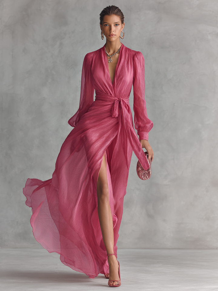 Noemi - Abito Lungo in Chiffon con Perline e Scollo a V