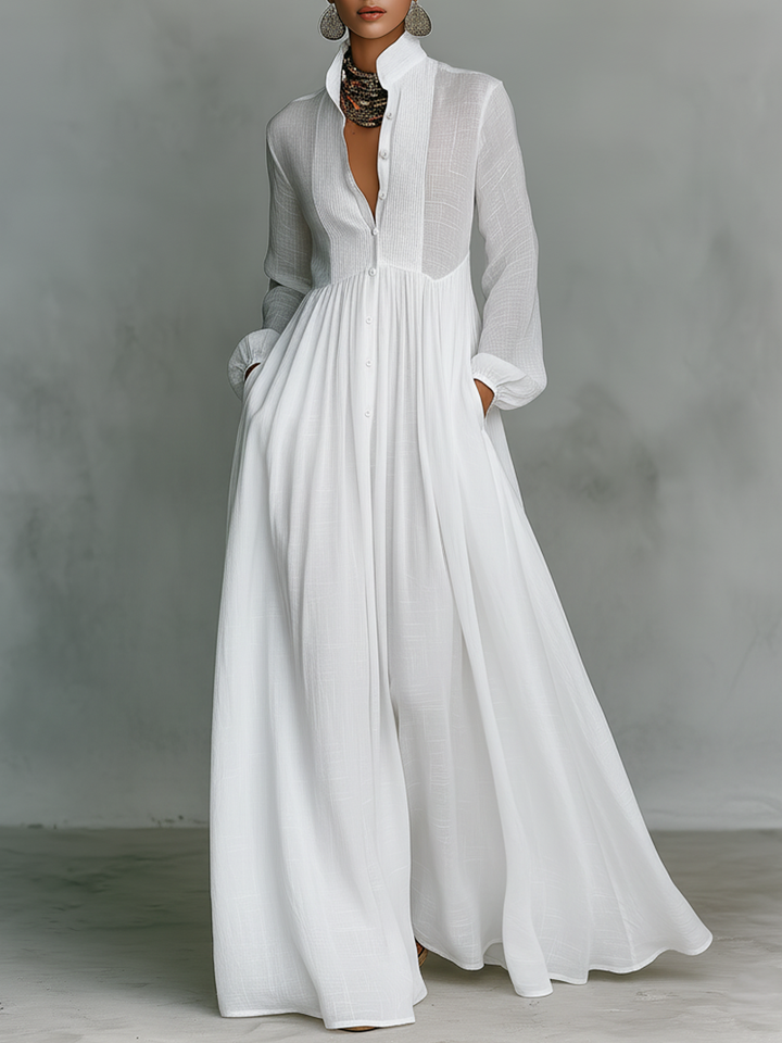 Marta - Abito Maxi in Lino con Dettagli Patchwork e Collo Alto