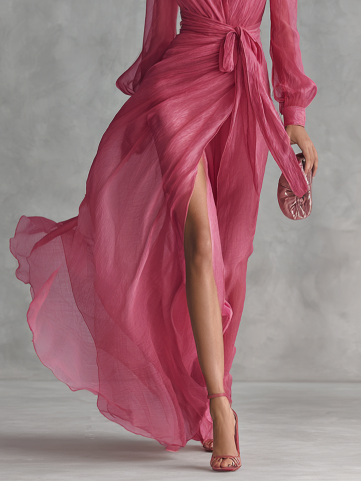 Noemi - Abito Lungo in Chiffon con Perline e Scollo a V