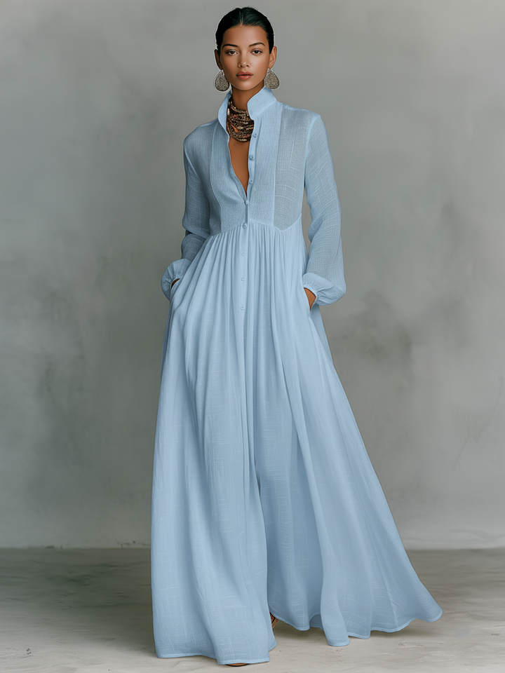 Marta - Abito Maxi in Lino con Dettagli Patchwork e Collo Alto