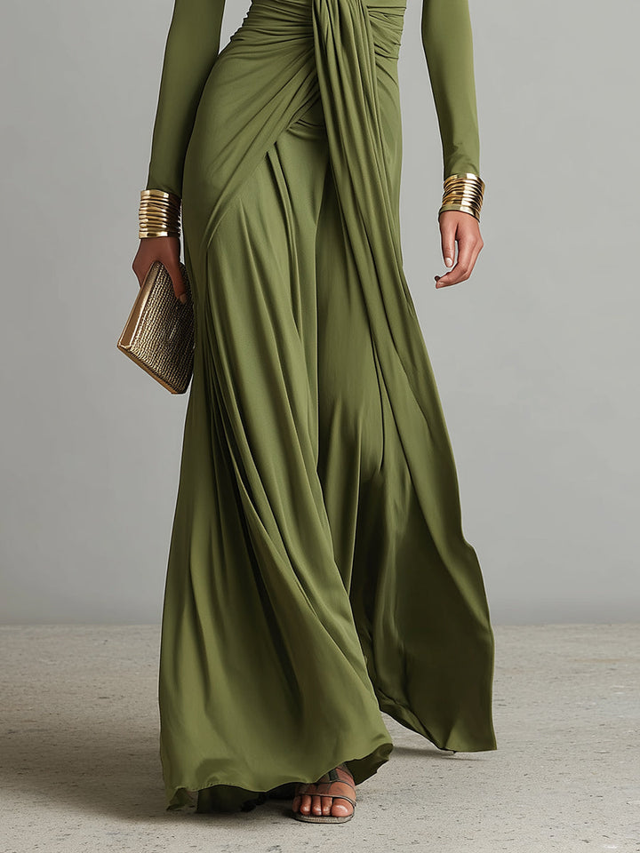 Vittoria - Abito Maxi in Seta Oliva con Profondo Scollo a V