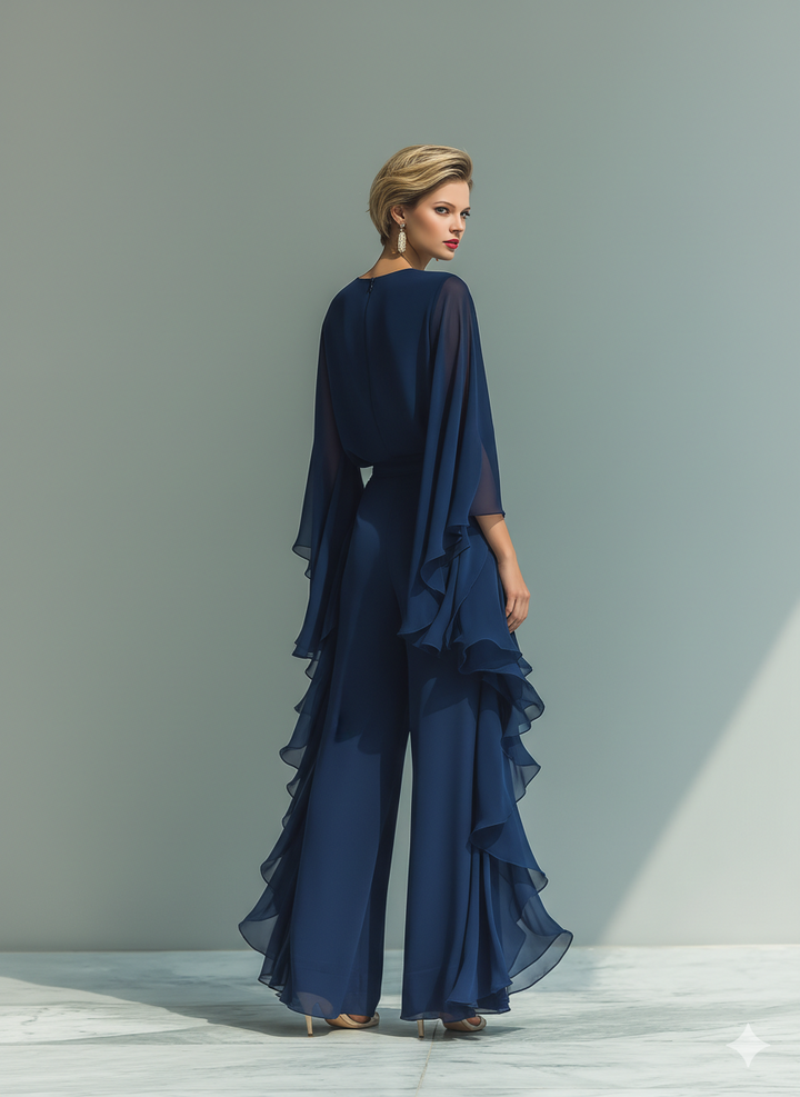 Margherita - Insieme in Chiffon Blu Navy con Maniche a Campana e Volant