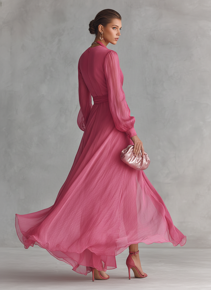 Noemi - Abito Lungo in Chiffon con Perline e Scollo a V