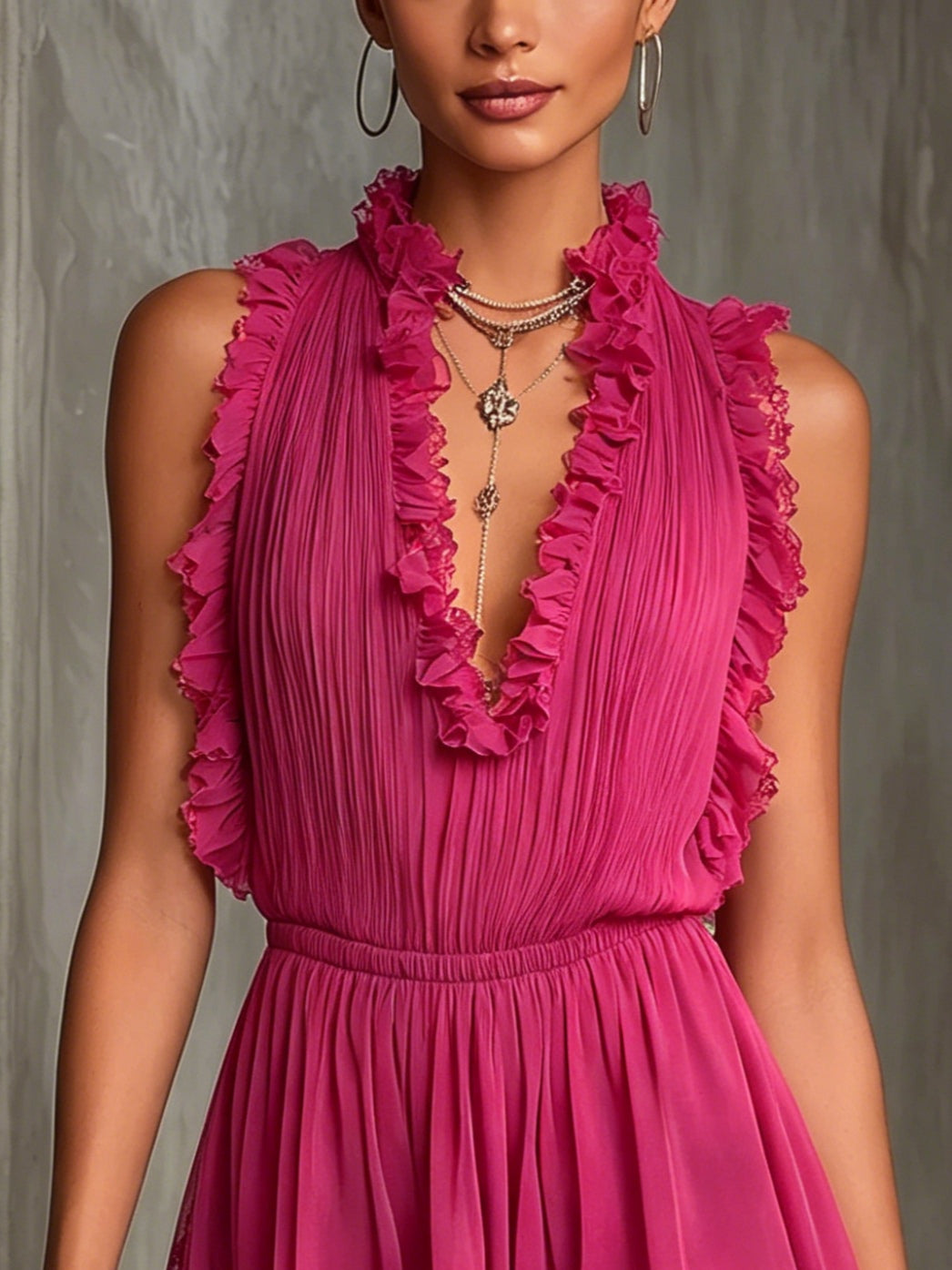 Tuta in Chiffon Plissettato con Pizzo e Volant Fucsia