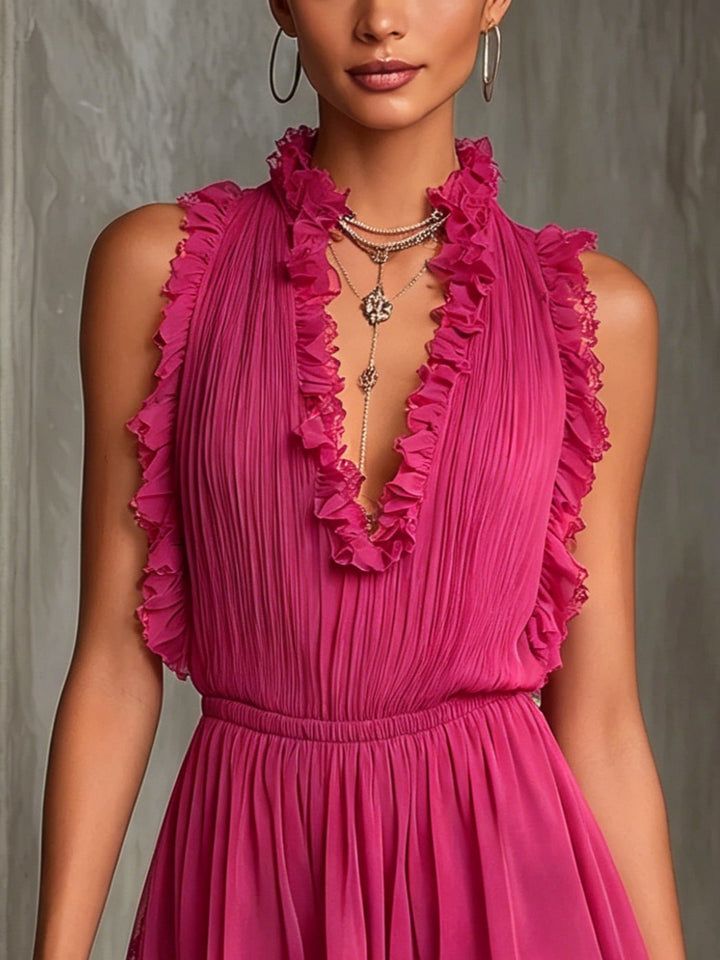 Tuta in Chiffon Plissettato con Pizzo e Volant Fucsia