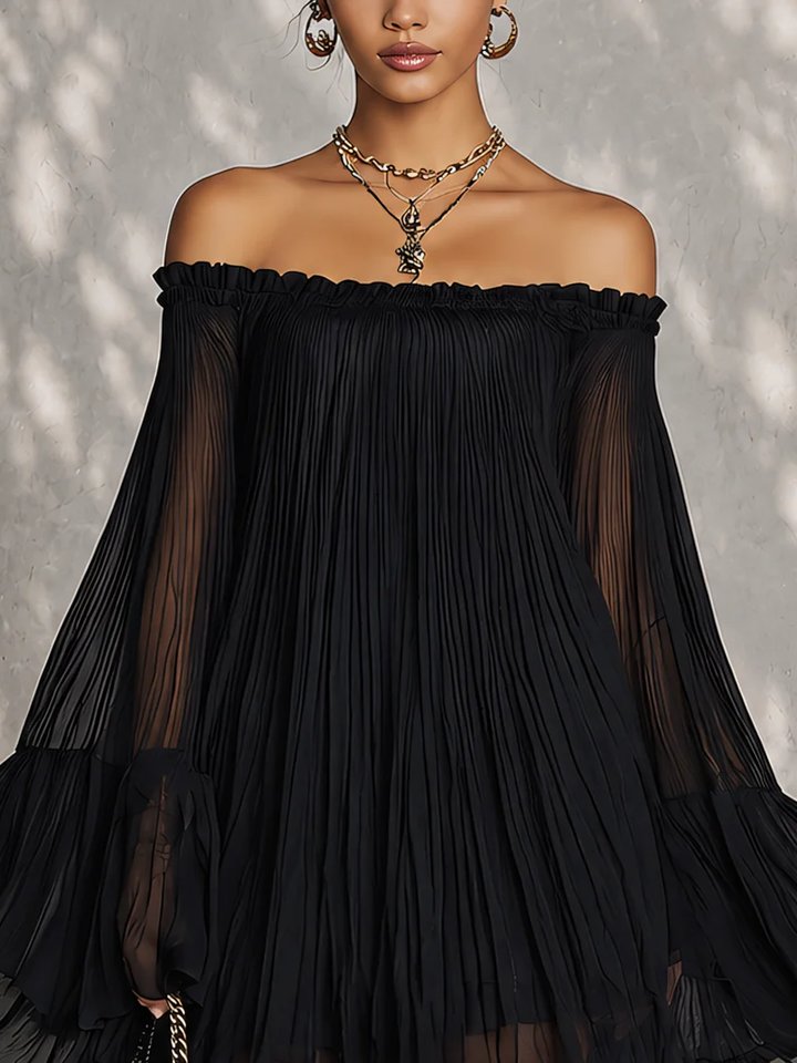 Abito Mini Nero con Spalle Scoperte e Maniche a Campana Ruffle