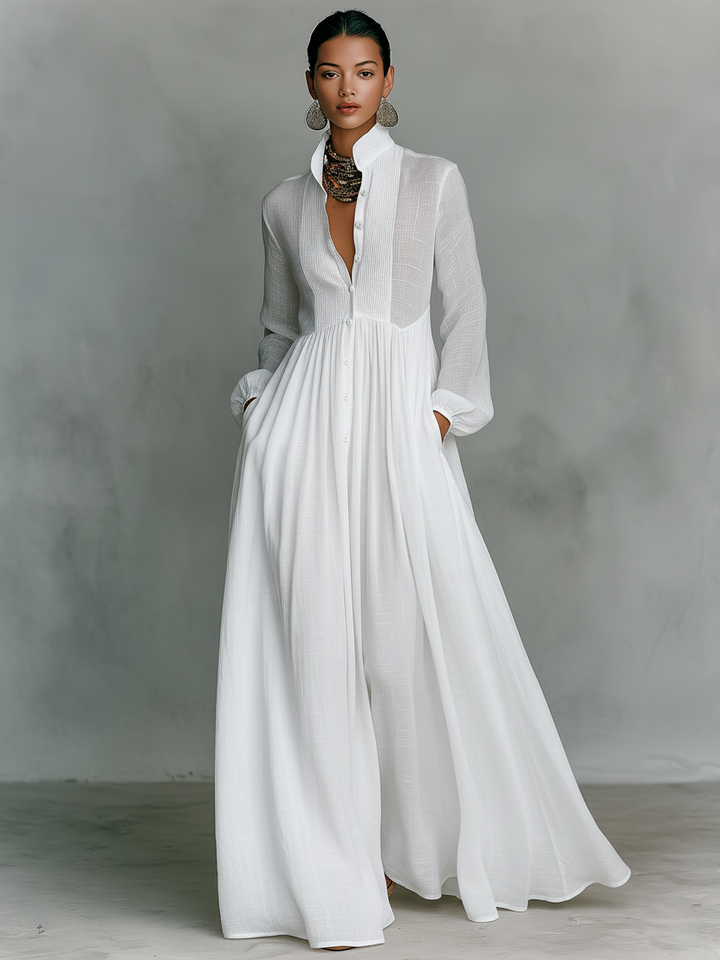 Marta - Abito Maxi in Lino con Dettagli Patchwork e Collo Alto