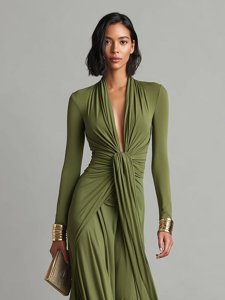 Vittoria - Abito Maxi in Seta Oliva con Profondo Scollo a V